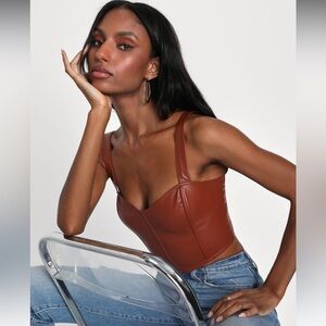 Lulus Effortlessly Fierce Brown Vegan Leather Bustier Crop Top